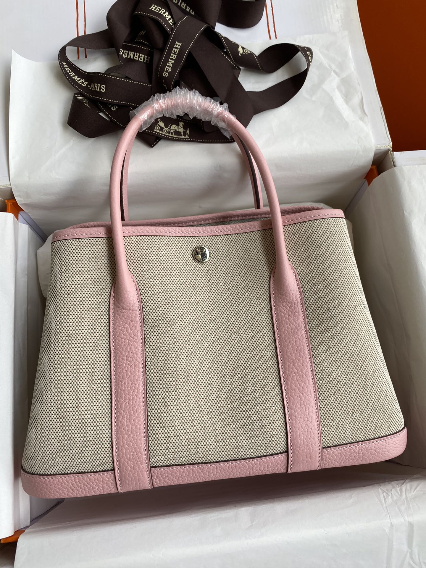 Hermes Garden Party 30cm Canvas Tote Handbag In Pink Clemence Leather